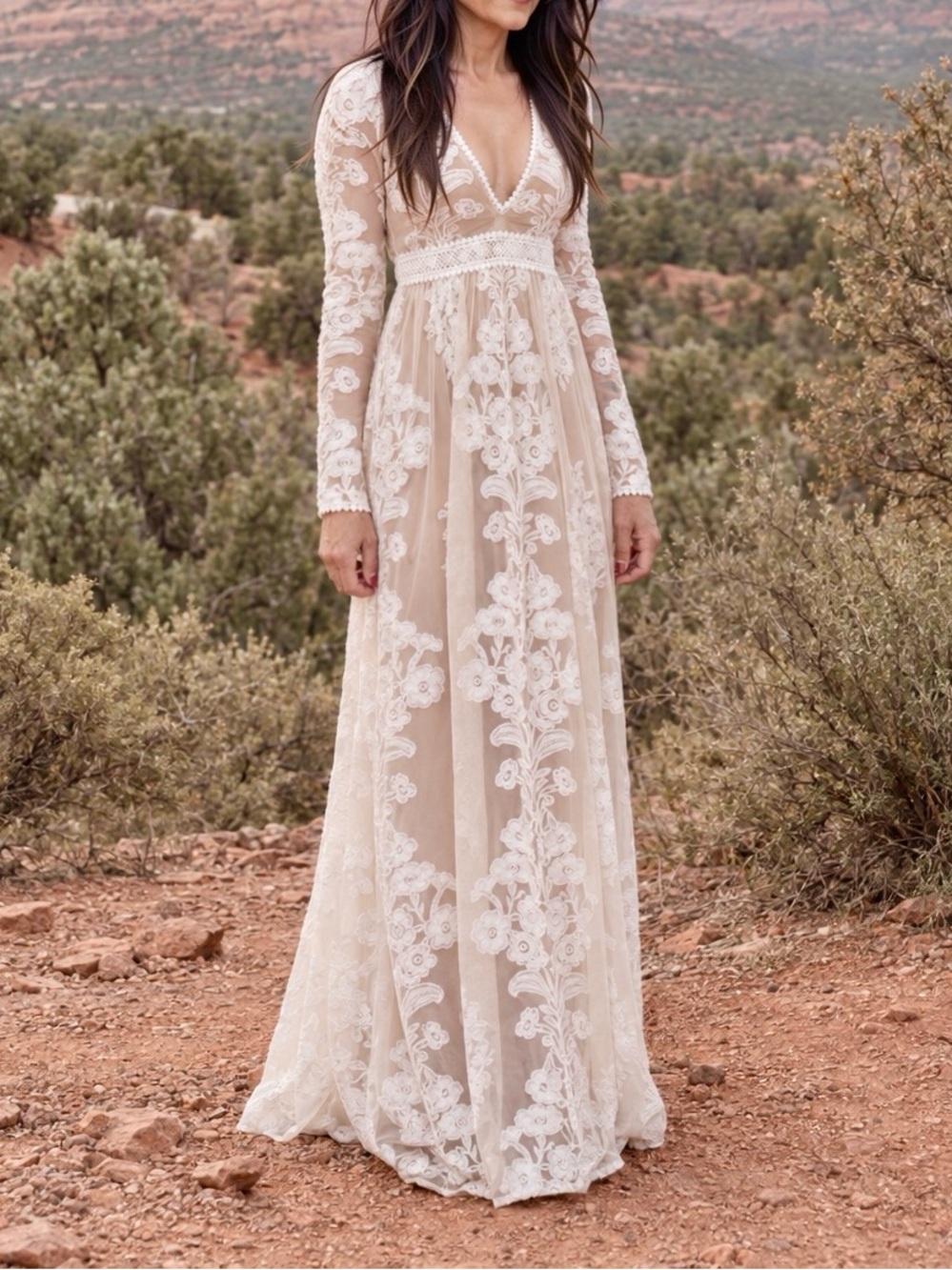 Free People For Love And Lemons Temecula Long-Sleeve Ivory Beige Lace Maxi Dress
